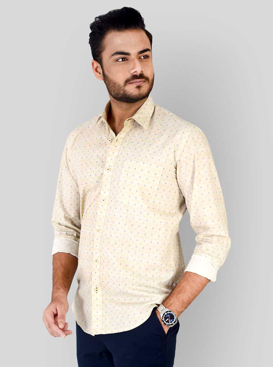 Beige Printed Slim Fit Casual Shirt | JB Sport