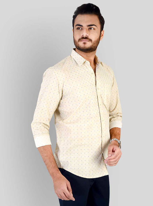 Beige Printed Slim Fit Casual Shirt | JB Sport