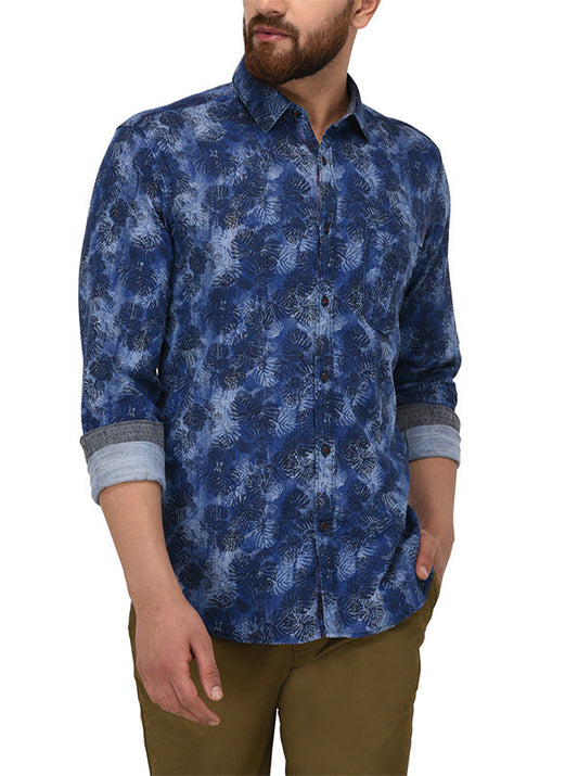 JB Sport Indigo Blue Printed Slim Fit Casual Shirt