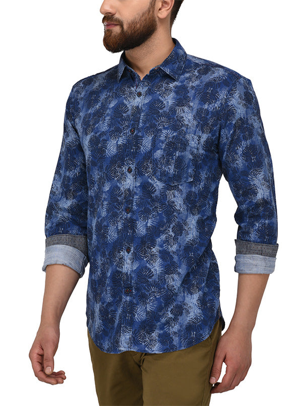 JB Sport Indigo Blue Printed Slim Fit Casual Shirt