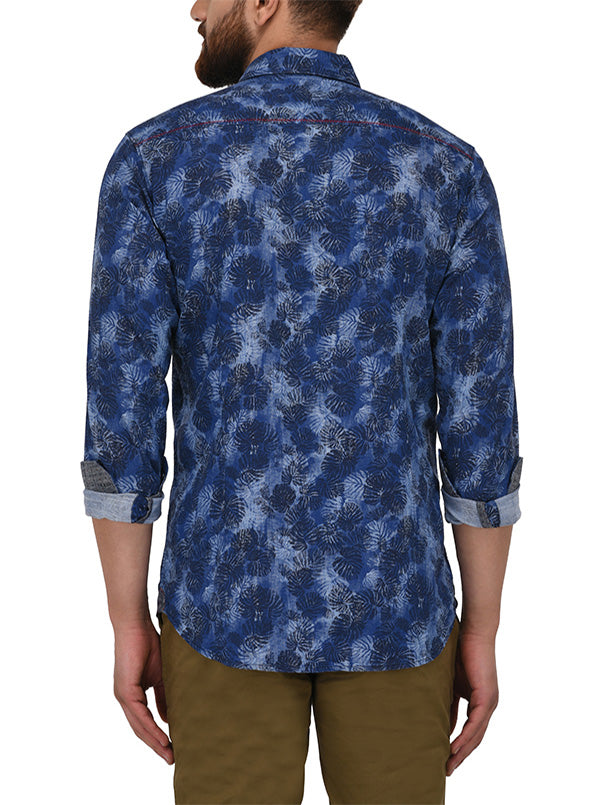 JB Sport Indigo Blue Printed Slim Fit Casual Shirt