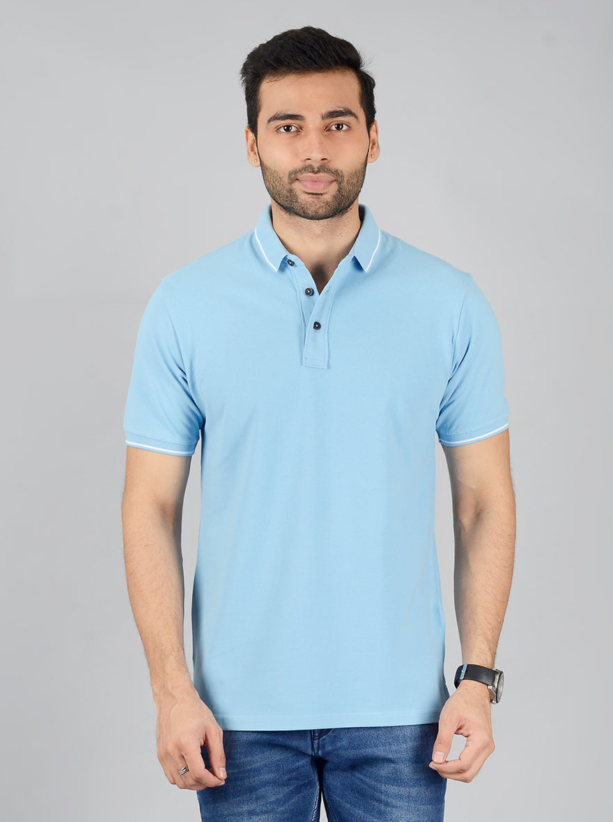 Sky Blue Solid Slim Fit Polo T-Shirt | JB Sport