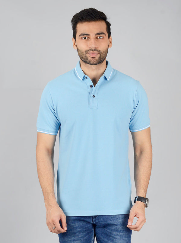 Sky Blue Solid Slim Fit Polo T-Shirt | JB Sport