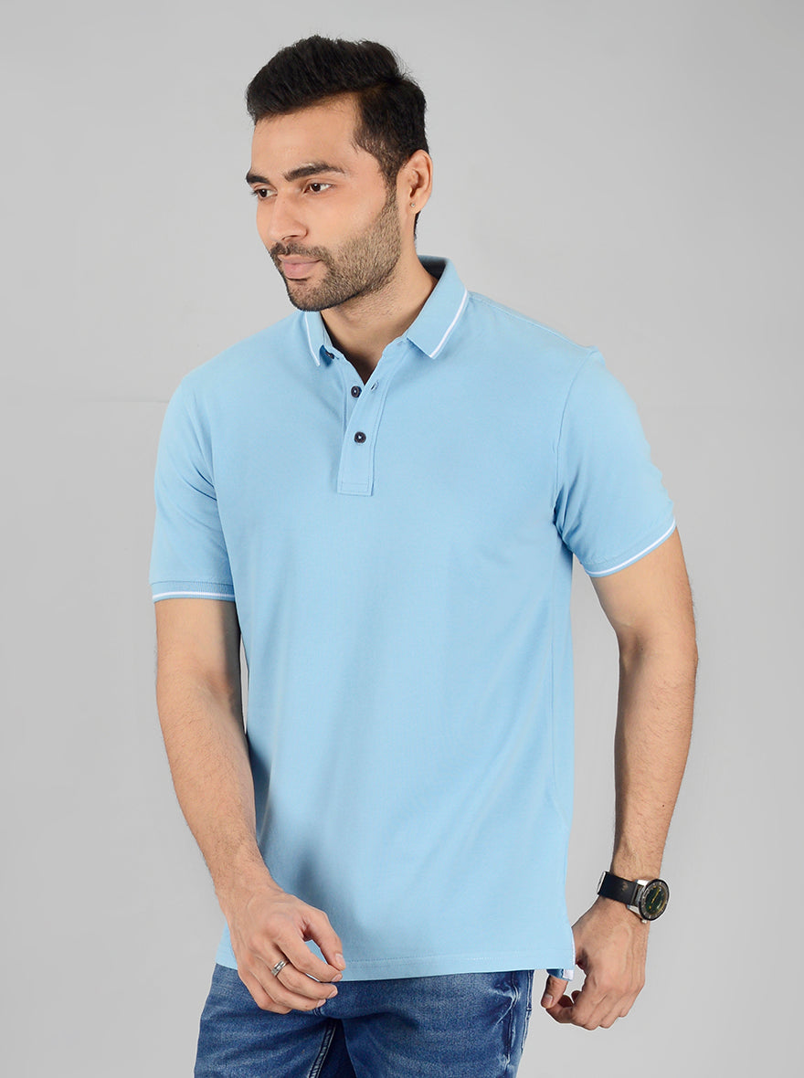 Sky Blue Solid Slim Fit Polo T-Shirt | JB Sport