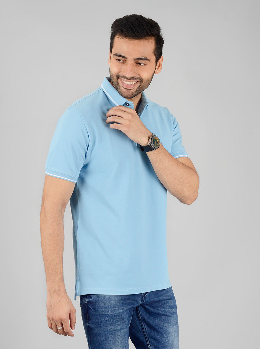 Sky Blue Solid Slim Fit Polo T-Shirt | JB Sport