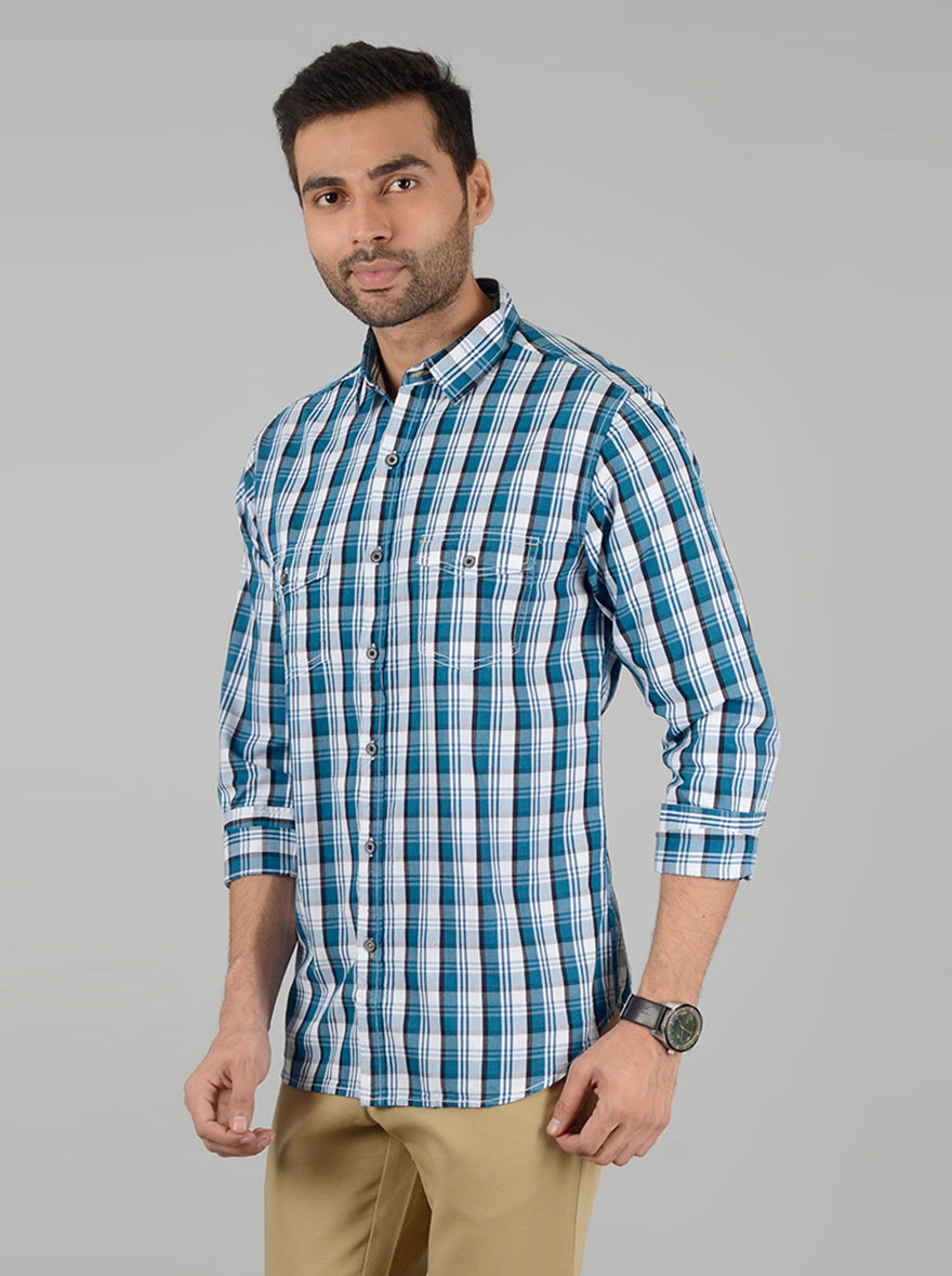 Turquoise Blue Checked Slim Fit Casual Shirt | Greenfibre