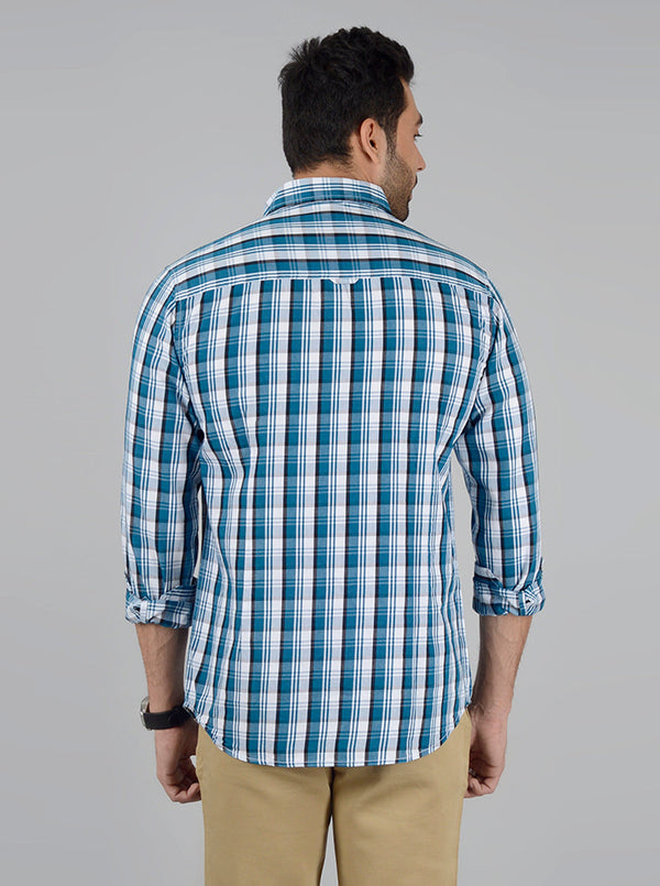 Turquoise Blue Checked Slim Fit Casual Shirt | Greenfibre