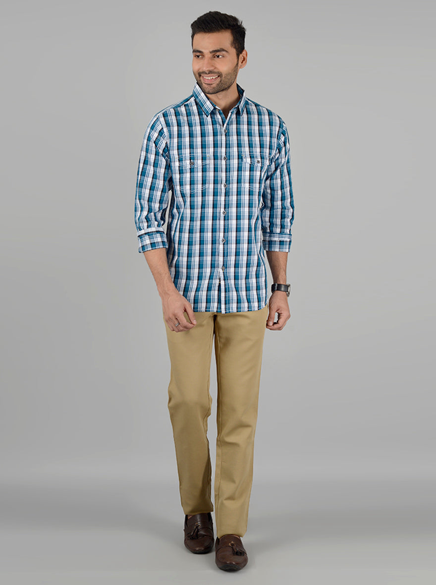 Turquoise Blue Checked Slim Fit Casual Shirt | Greenfibre