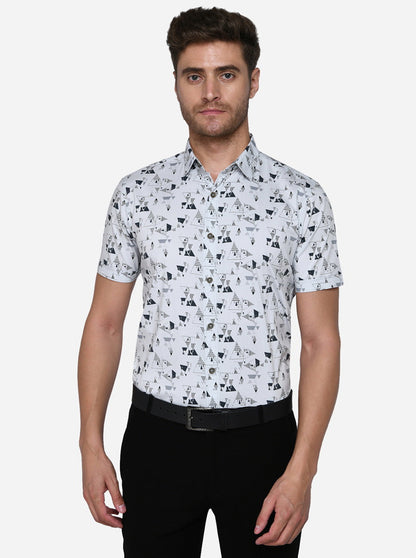 Light Grey Printed Slim Fit Casual Shirt | JadeBlue