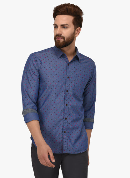 Greenfibre Blue Printed Slim Fit Casual Shirt