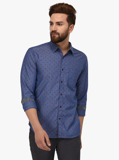 Greenfibre Blue Printed Slim Fit Casual Shirt