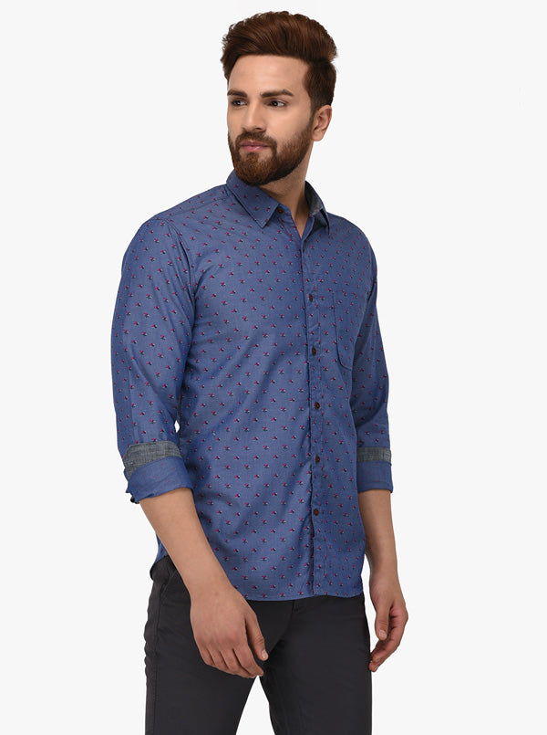 Greenfibre Blue Printed Slim Fit Casual Shirt
