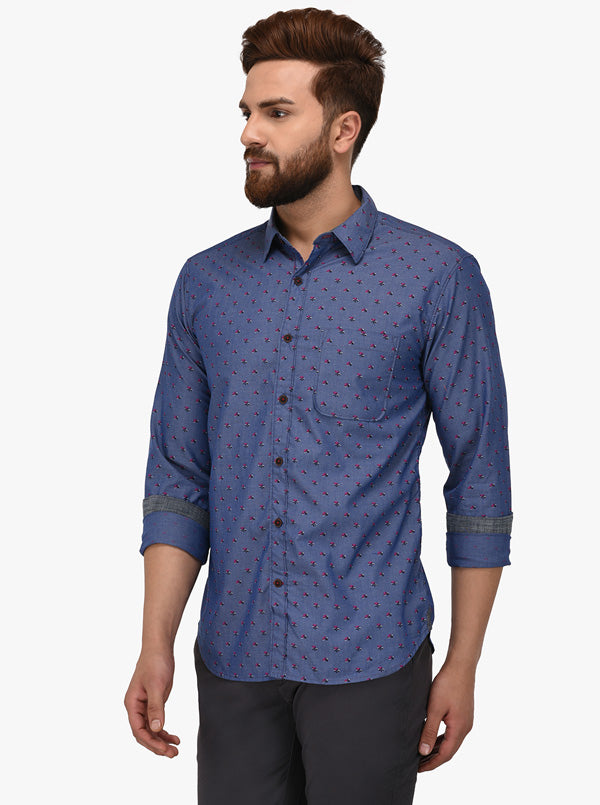 Greenfibre Blue Printed Slim Fit Casual Shirt