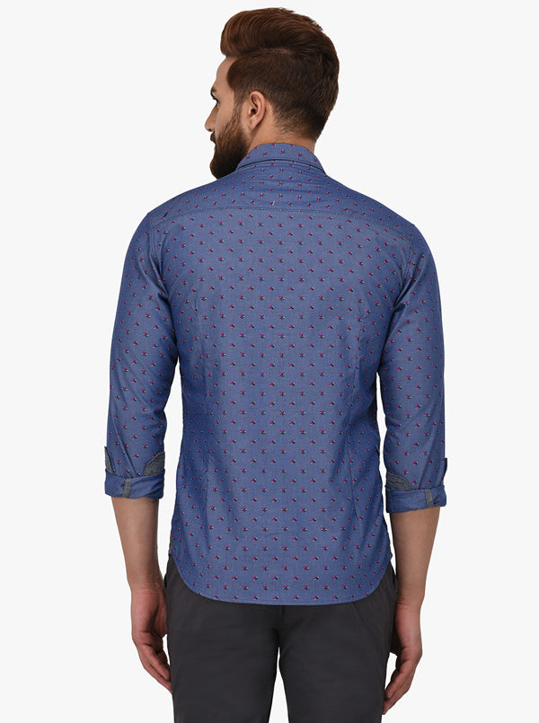 Greenfibre Blue Printed Slim Fit Casual Shirt