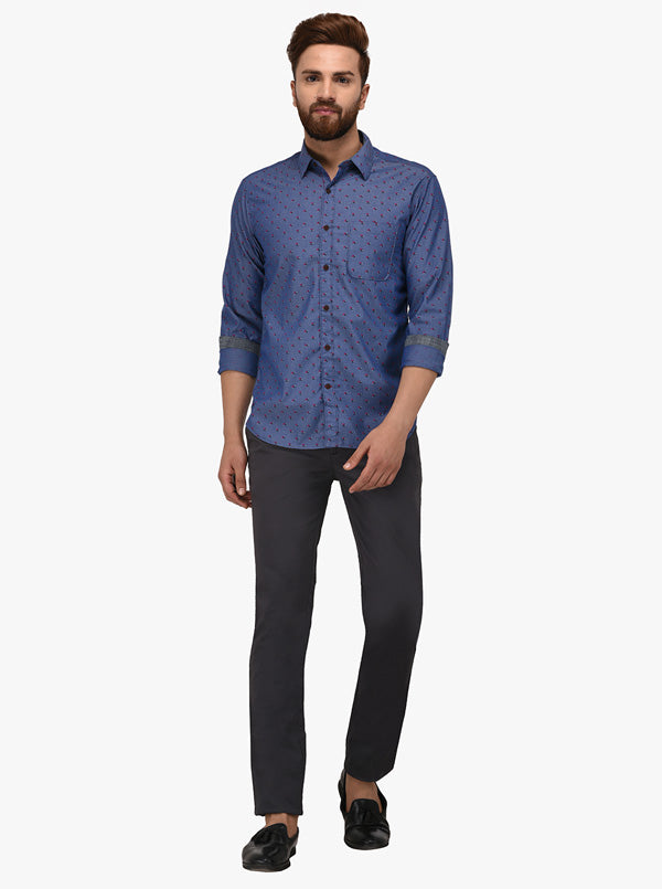 Greenfibre Blue Printed Slim Fit Casual Shirt
