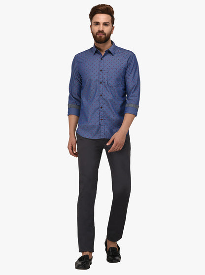 Greenfibre Blue Printed Slim Fit Casual Shirt