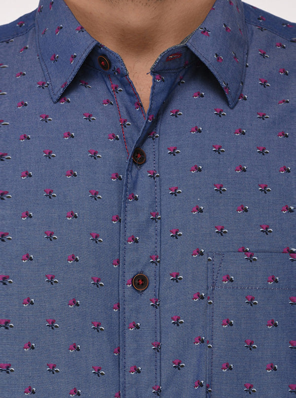 Greenfibre Blue Printed Slim Fit Casual Shirt