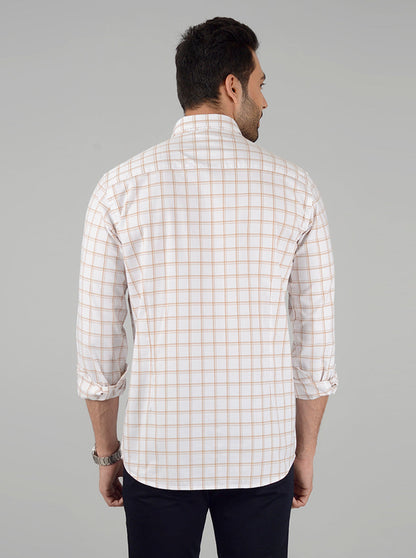 Cream Checked Slim Fit Casual Shirt | Greenfibre
