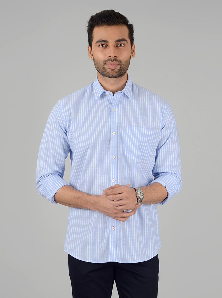 White and Blue Striped Slim Fit Casual Shirt | Greenfibre