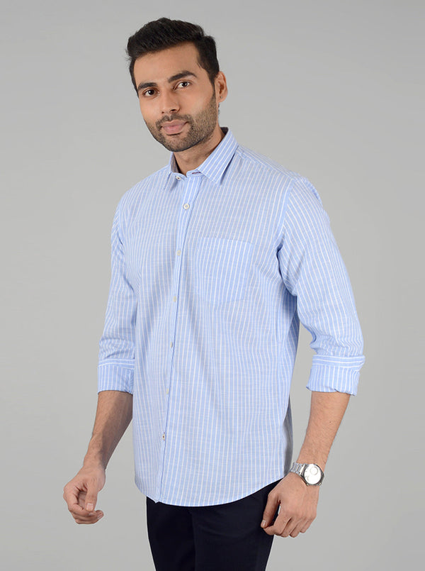 White and Blue Striped Slim Fit Casual Shirt | Greenfibre