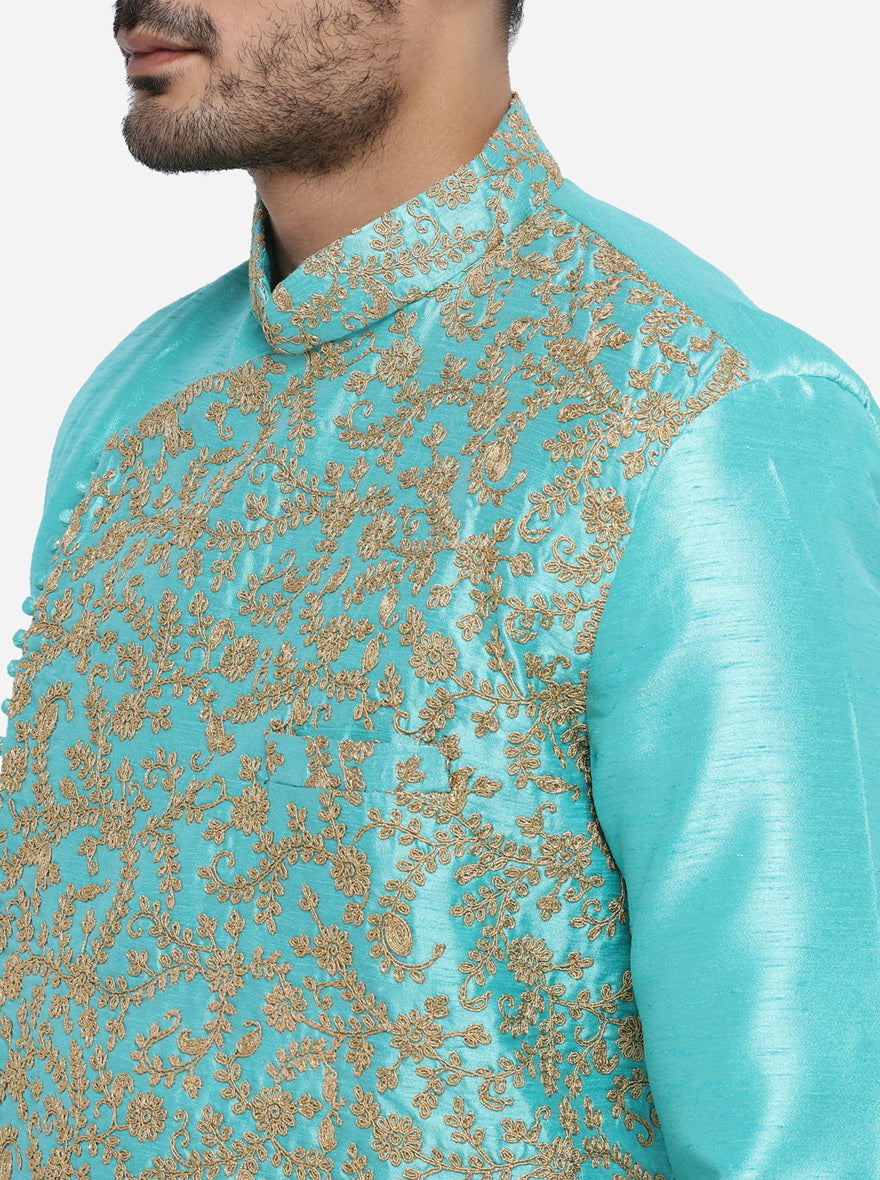 Turquoise Blue & Golden Semi Indowestern | Azania