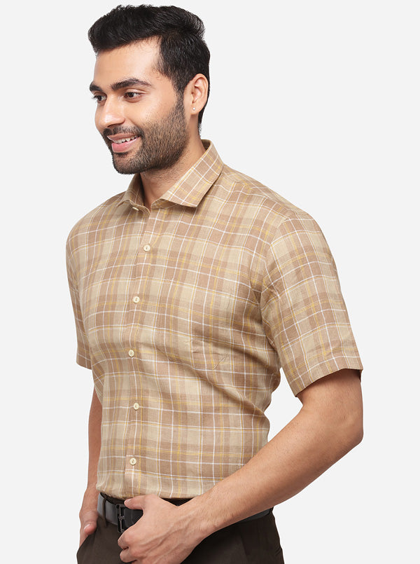 Beige Checked Regular Fit Formal Shirt | JadeBlue