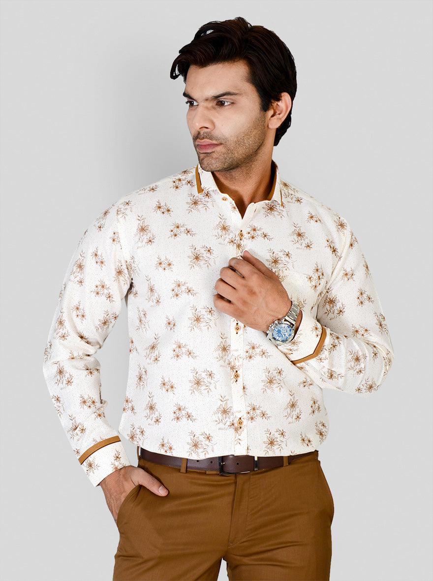 Cream & Brown Printed Slim Fit Party Wear Shirt | Greenfibre