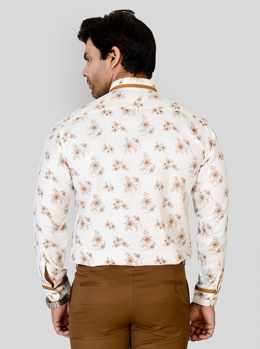 Cream & Brown Printed Slim Fit Party Wear Shirt | Greenfibre