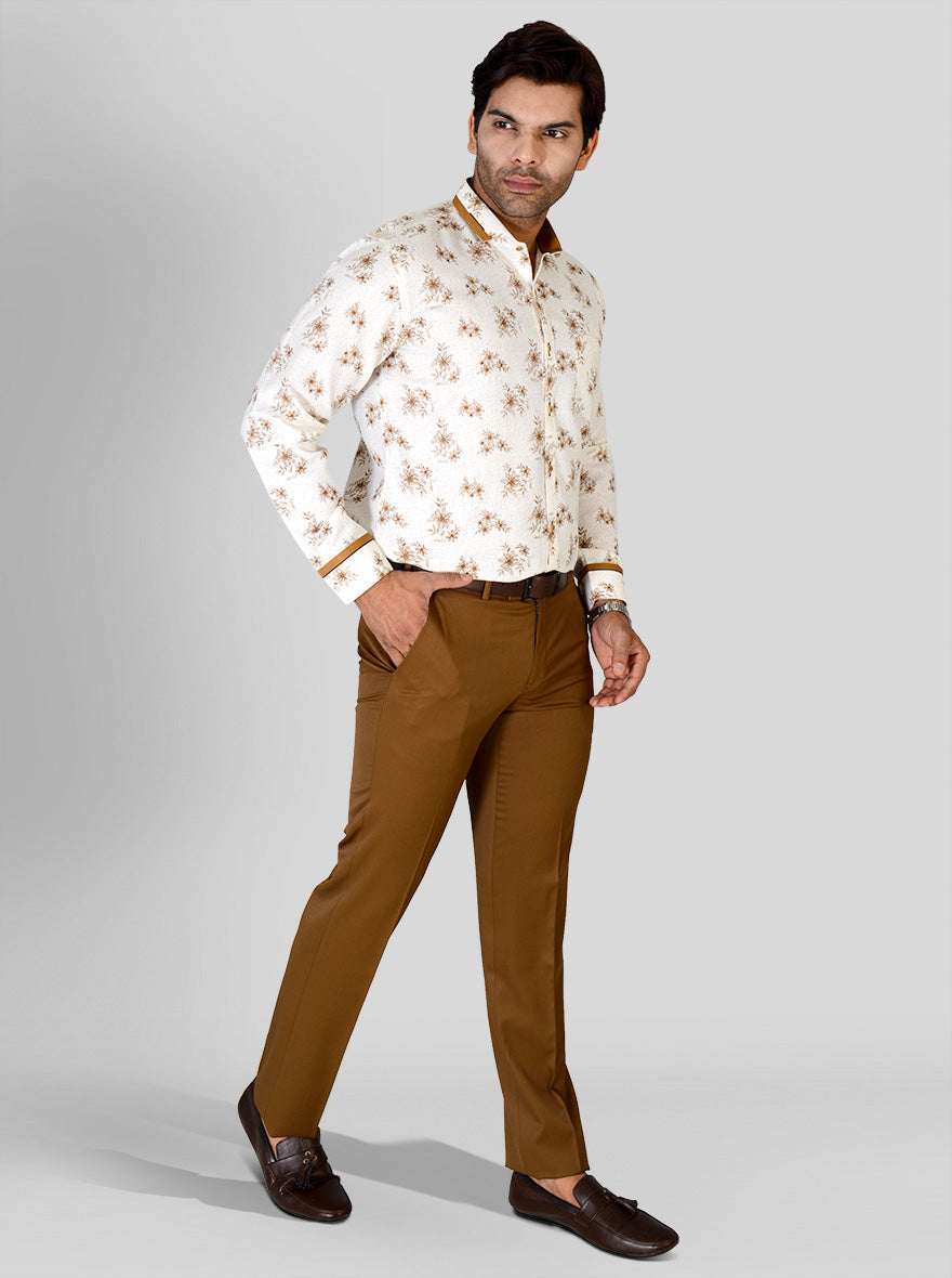 Cream & Brown Printed Slim Fit Party Wear Shirt | Greenfibre