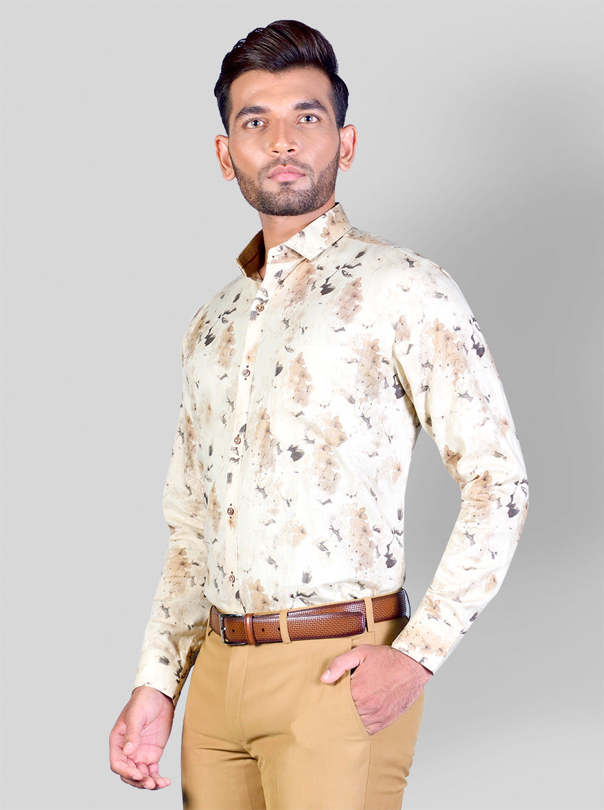 Beige & Brown Printed Slim Fit Party Wear Shirt | Greenfibre