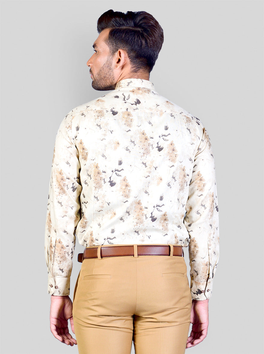 Beige & Brown Printed Slim Fit Party Wear Shirt | Greenfibre