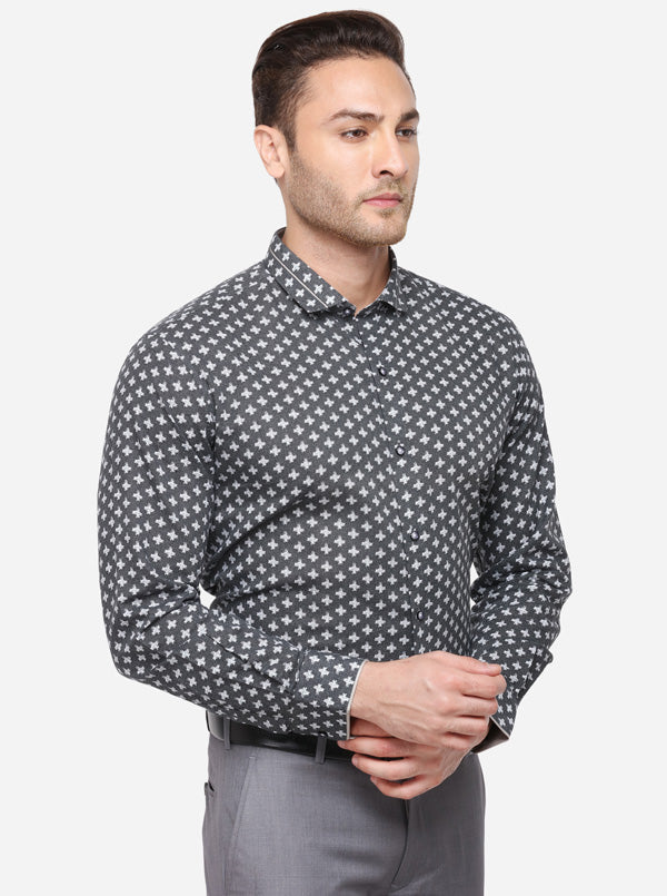 Grey & White Printed Slim Fit Party Wear Shirt | JB Studio