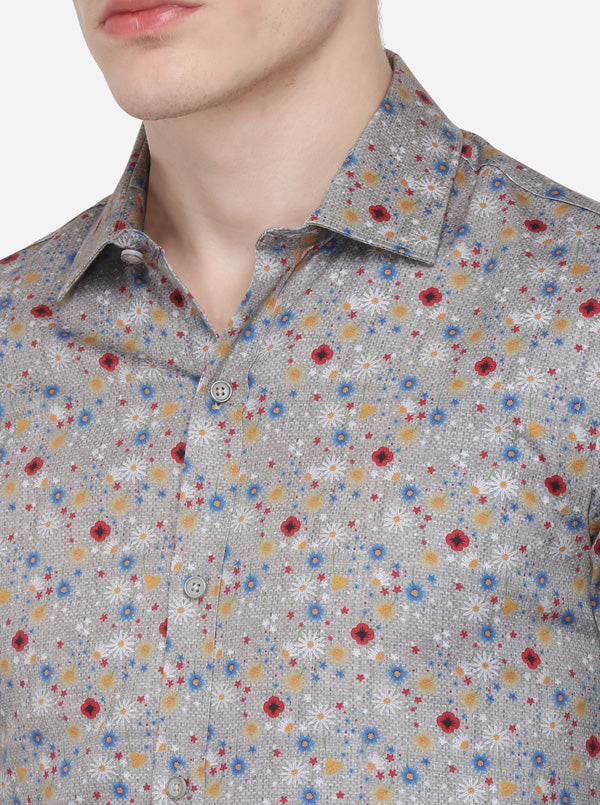 Grey Printed Slim Fit Party Wear Shirt | Wyre