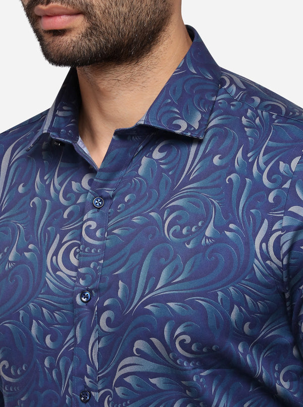 Violet Blue Printed Slim Fit Party Wear Shirt | Wyre