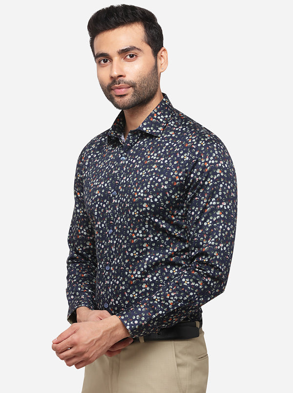 True Navy Printed Slim Fit Party Wear Shirt | Wyre