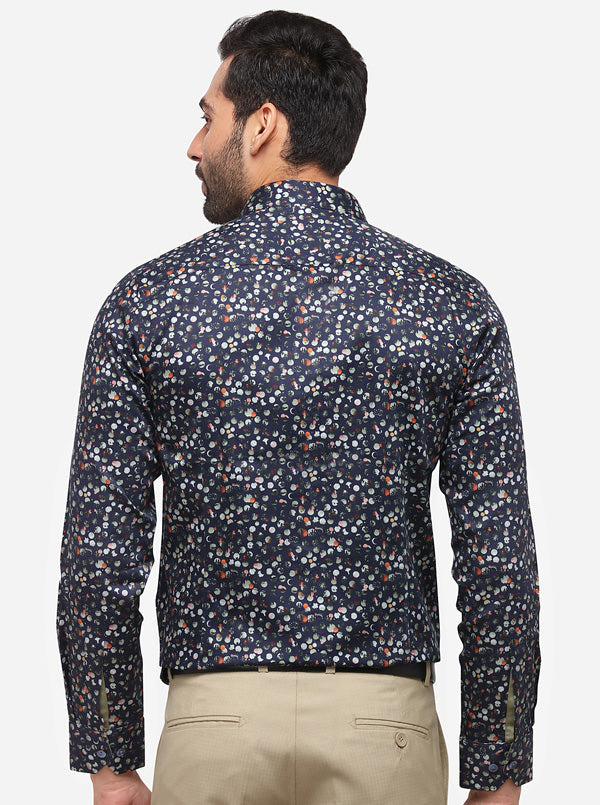 True Navy Printed Slim Fit Party Wear Shirt | Wyre