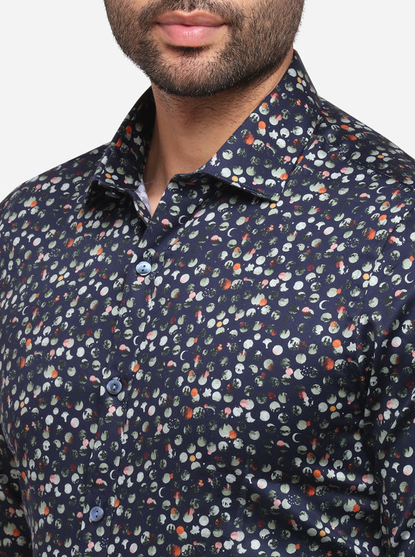 True Navy Printed Slim Fit Party Wear Shirt | Wyre