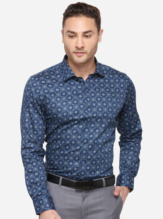 Dark Blue Printed Slim Fit Party Wear Shirt | Wyre