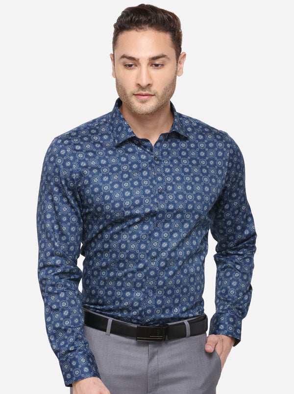 Dark Blue Printed Slim Fit Party Wear Shirt | Wyre