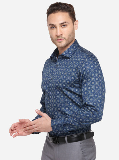 Dark Blue Printed Slim Fit Party Wear Shirt | Wyre