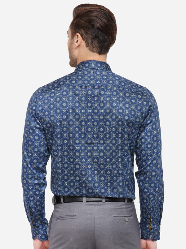 Dark Blue Printed Slim Fit Party Wear Shirt | Wyre