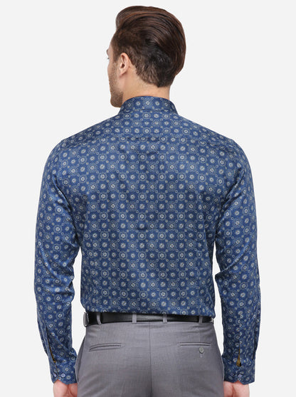 Dark Blue Printed Slim Fit Party Wear Shirt | Wyre