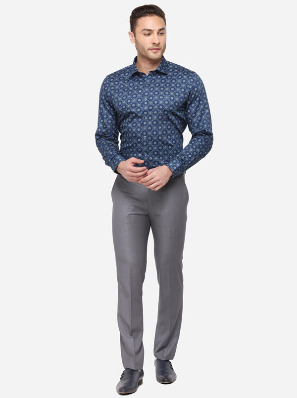 Dark Blue Printed Slim Fit Party Wear Shirt | Wyre