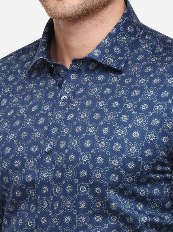 Dark Blue Printed Slim Fit Party Wear Shirt | Wyre