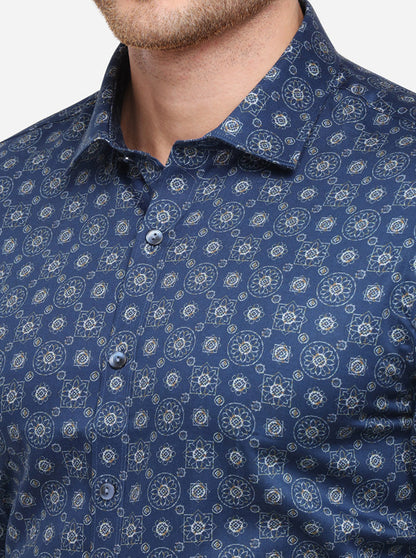 Dark Blue Printed Slim Fit Party Wear Shirt | Wyre