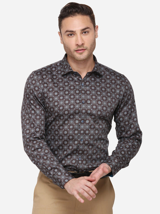 Brown Printed Slim Fit Party Wear Shirt | Wyre