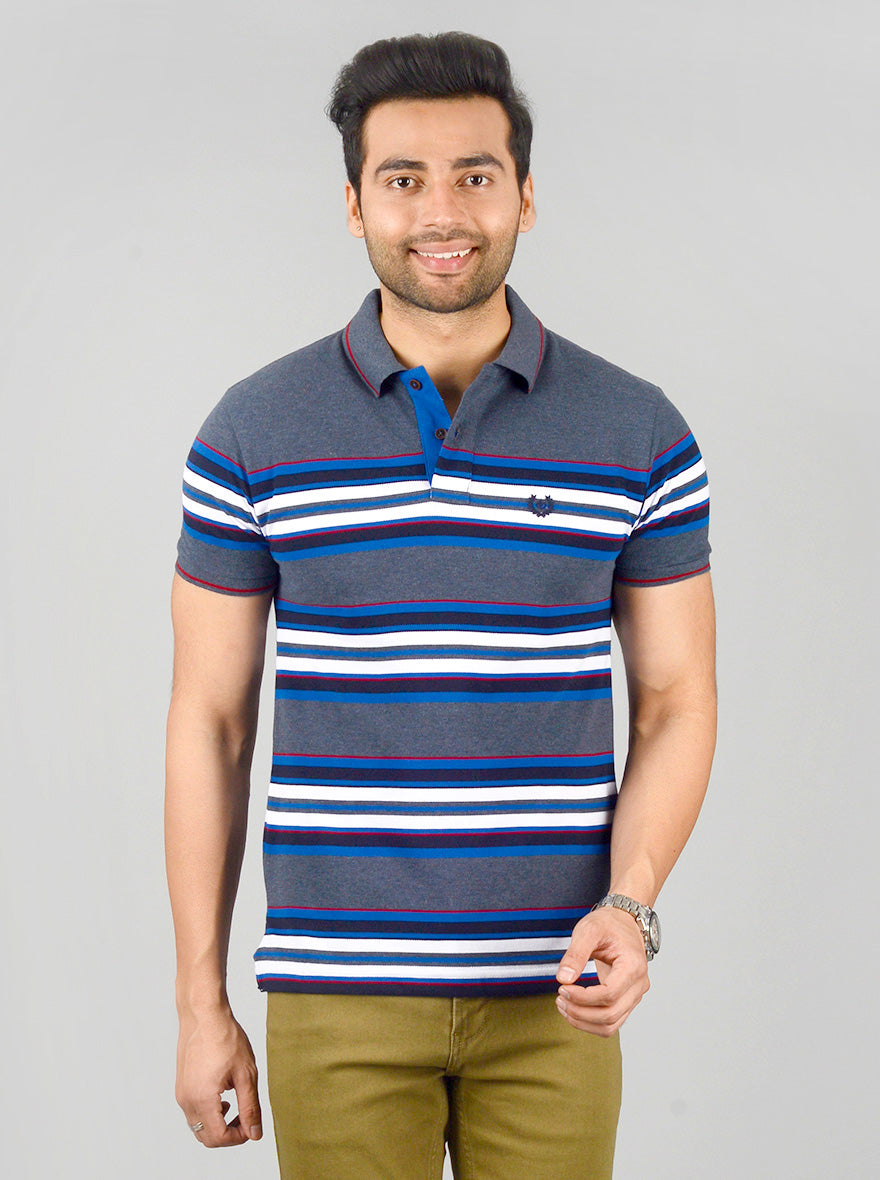 Dark Grey Striped Slim Fit Polo T-shirt | Greenfibre