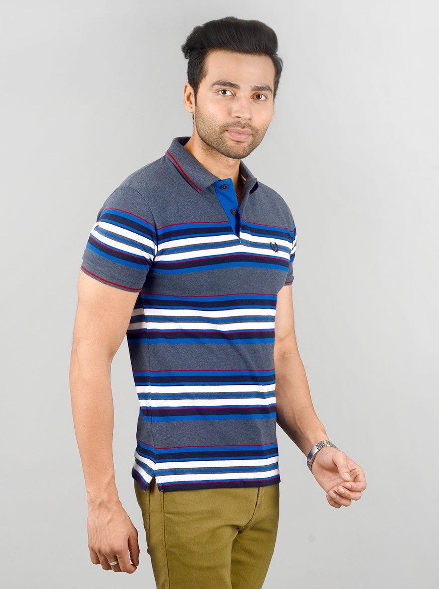 Dark Grey Striped Slim Fit Polo T-shirt | Greenfibre