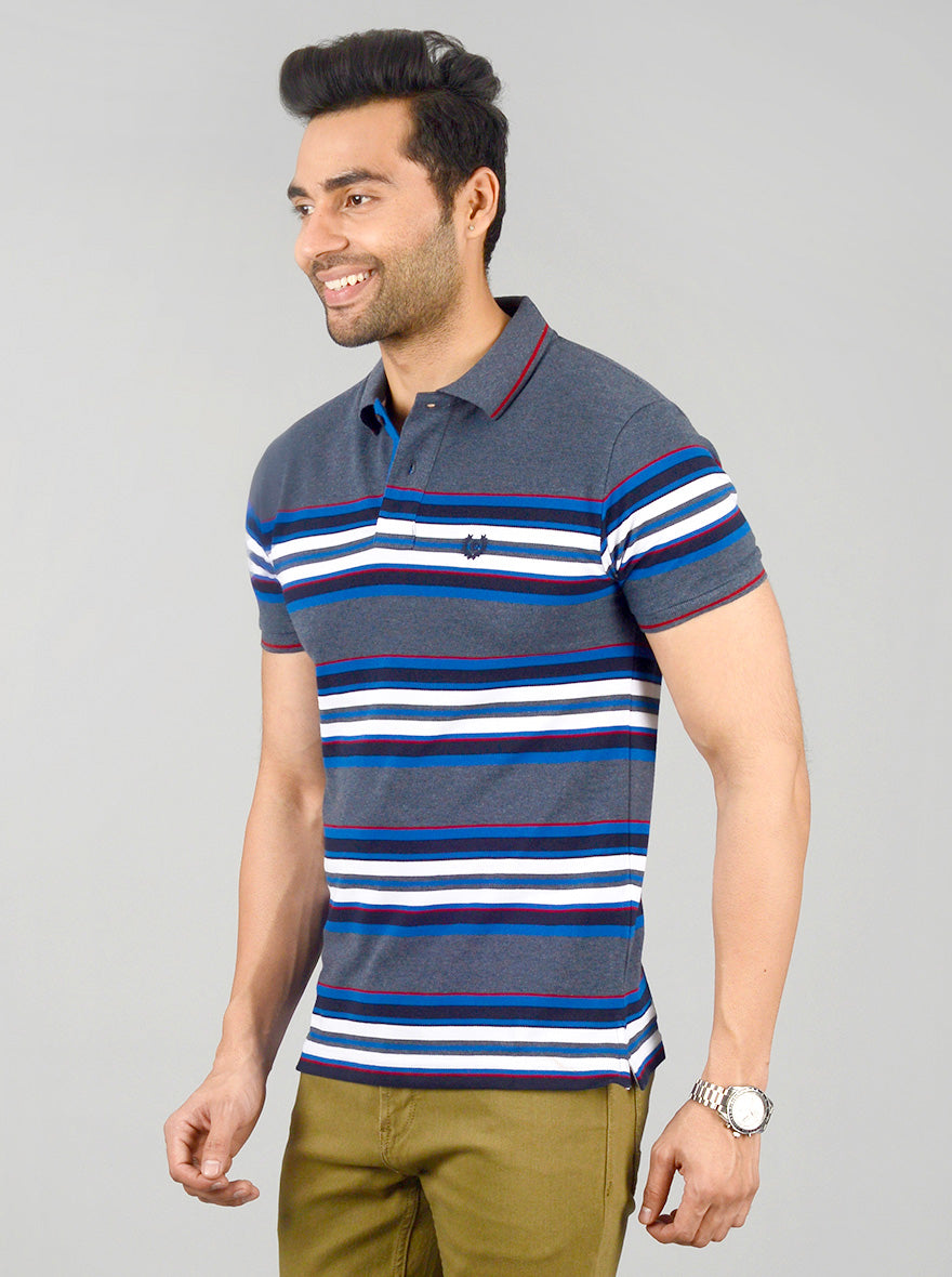 Dark Grey Striped Slim Fit Polo T-shirt | Greenfibre