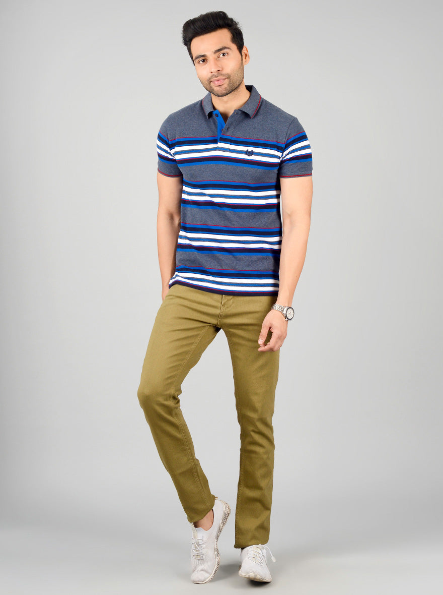 Dark Grey Striped Slim Fit Polo T-shirt | Greenfibre